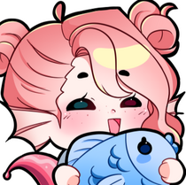 Chibi emote of Cafe's OC. They are a sea creature human hybrid with pink hair, white skin, one pink/red eye, one seafoam green eye, sea creature ears & tail, and they are holding a cute blue fish.