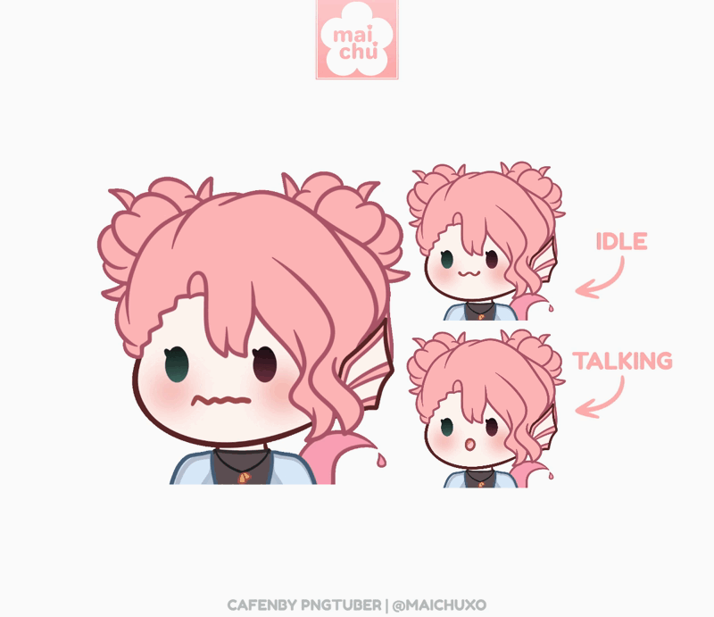 Cafe's PNGtuber that has white skin, one seafoam green eye, one redish pink eye, pink hair styled into space buns, long wavy fringe, pink sea creature, drippy pink tail, black crop top, sheer blue cover up, and black necklace.