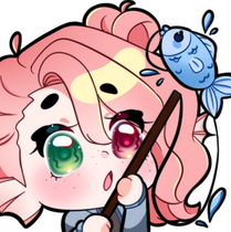 Chibi emote of Cafe's OC. They are a sea creature human hybrid with pink hair, white skin, one pink/red eye, one seafoam green eye, sea creature ears & tail, and they are holding a cute blue fish.