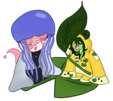 Hypofroge and Cafe's OCs sitting on a lilypad happily. Cafe is on the left underneath a jellyfish like an umbrella whilst Froge on the the right is underneath a big leaf. Hypofroge and Cafe's OCs sitting on a lilypad happily. Cafe is on the right underneath a jellyfish like an umbrella whilst Froge on the the right is underneath a big leaf.