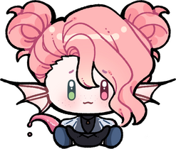 Cafe's vtuber model in chibi form (White, sea creature ears, pink tail, pink hair in space buns with long bangs on right side, one seafoam green eye & one pink red eye, black top, blue sheer cover up, black skirt, and dark blue boots)