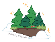 Whimsy Action Logo Four green trees on a floating block of dirt surrounded by sparkles and clouds.