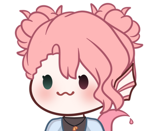 Cafe's PNGtuber that has white skin, one seafoam green eye, one redish pink eye, pink hair styled into space buns, long wavy fringe, pink sea creature, drippy pink tail, black crop top, sheer blue cover up, and black necklace.